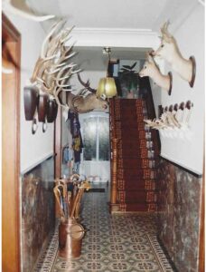 Hall d'entrée orné de trophées de chasse, escalier au fond